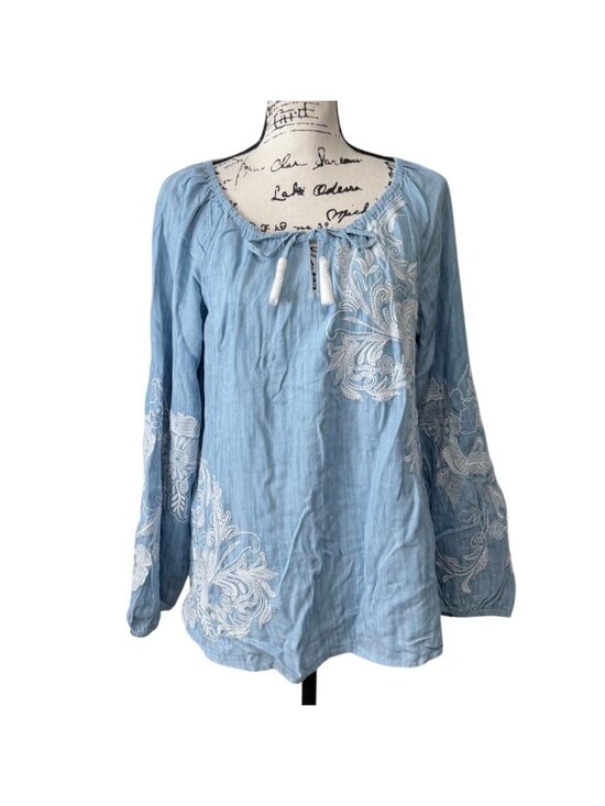 Soft Surroundings Tops - Soft Surroundings Womens Size M Womens Top Diya Embroidered Tunic Blue White NEW